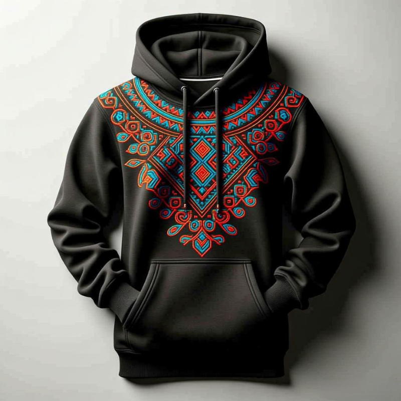 black hoodie with colouful folk embroidery