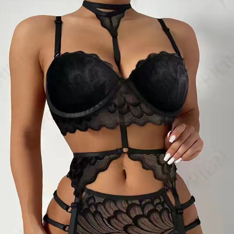 black lace garter lingerie set