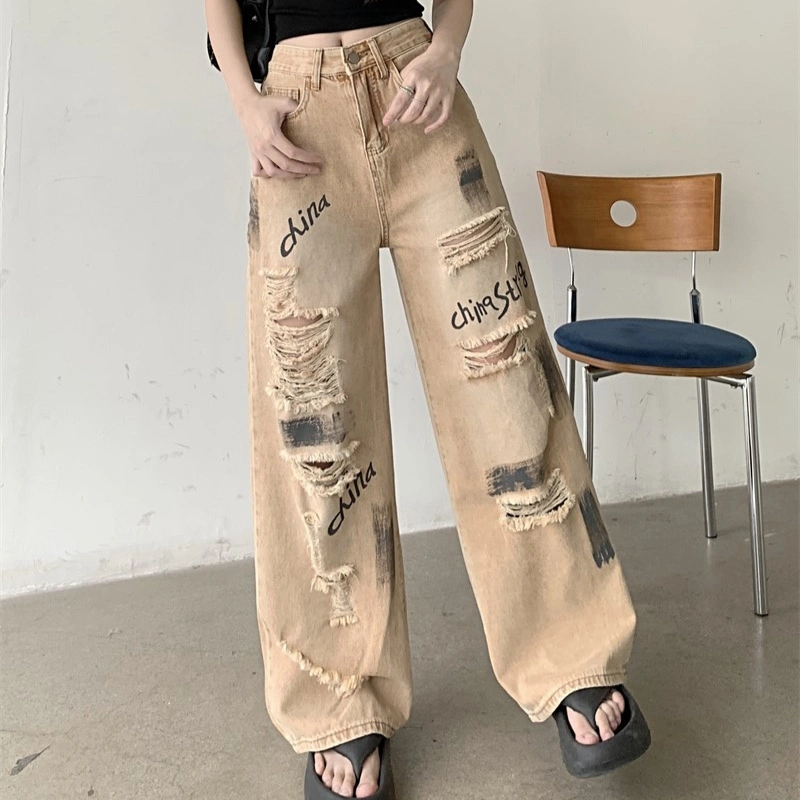 women beige cargo pants distressed