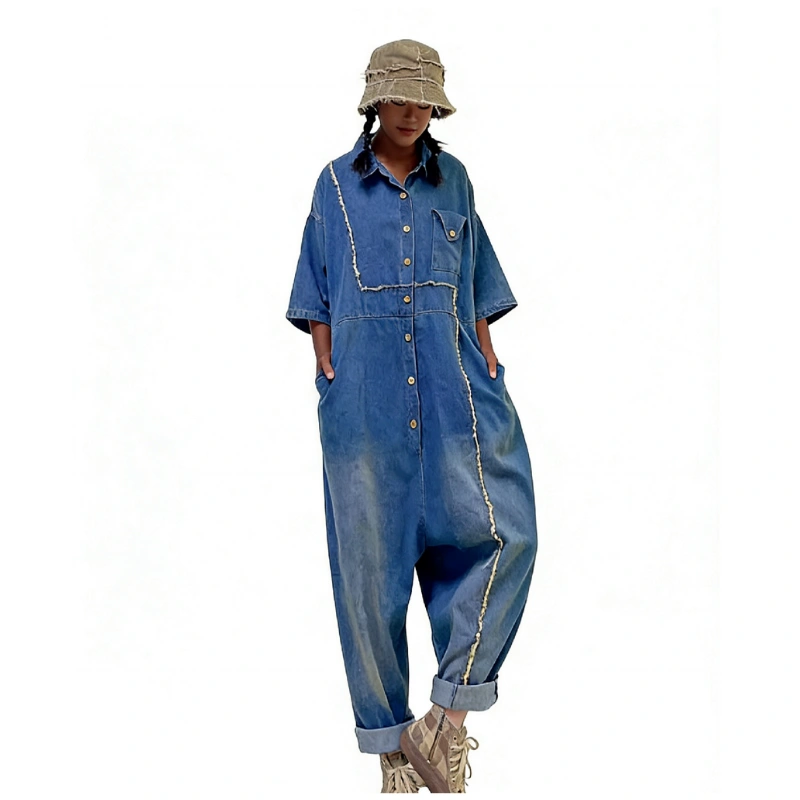 womenโs loose fit denim jumpsuit